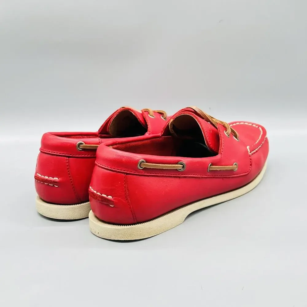 Lands' End Shoes Mens 10 Red Leather 2 Eye Boat Moc Toe Casual Comfort Nautical